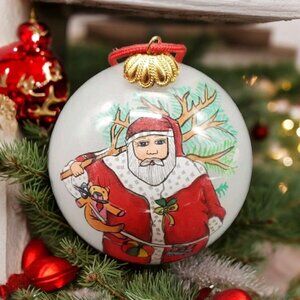 Reverse Hand Painted Glass Ball Ornament Christmas Santa 3” In Box Sheep Bird